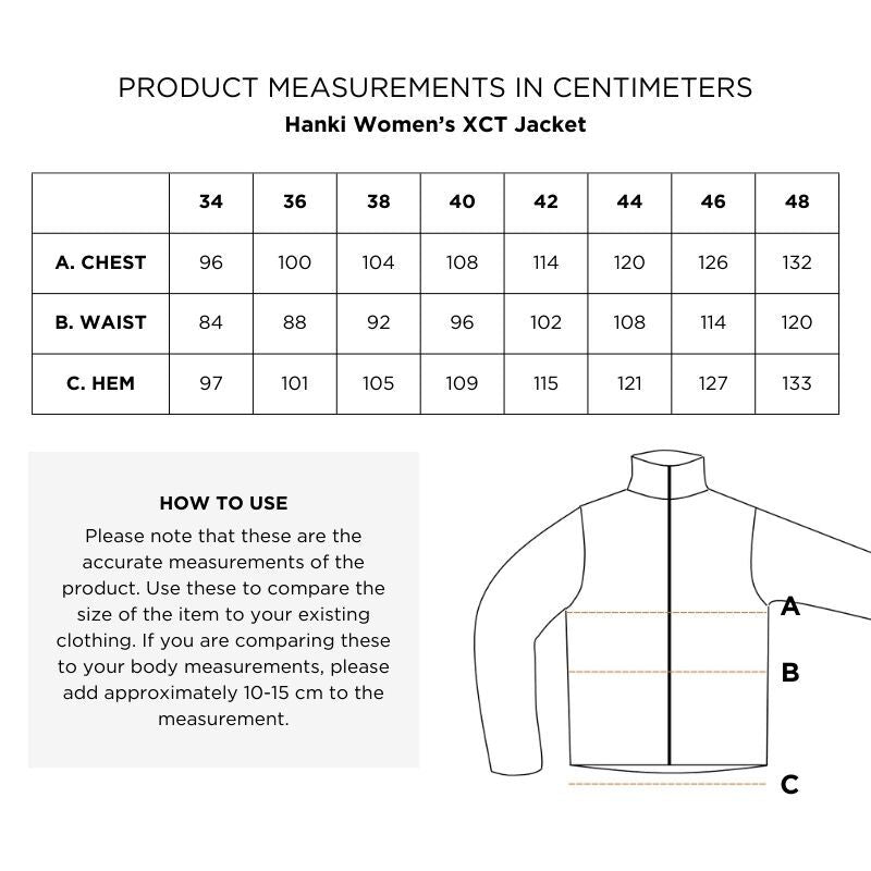 Halti Hanki Hiihtotakki Naisten kokotaulukko: rintakehä, vyötärö, helma (cm), koot 34-48, lämmityskykyinen eriste.