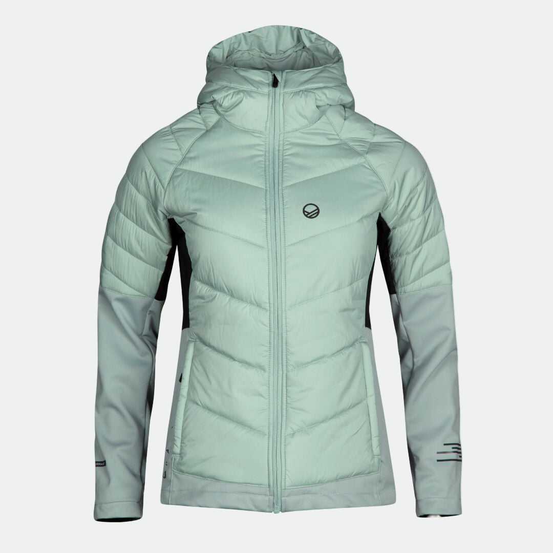 Halti Hanki Hiihtotakki Naisten Plus vaaleanvihreä, mustat sivut, Stormwall®, vetoketju edessä ja kaksi vetoketjullista taskua.