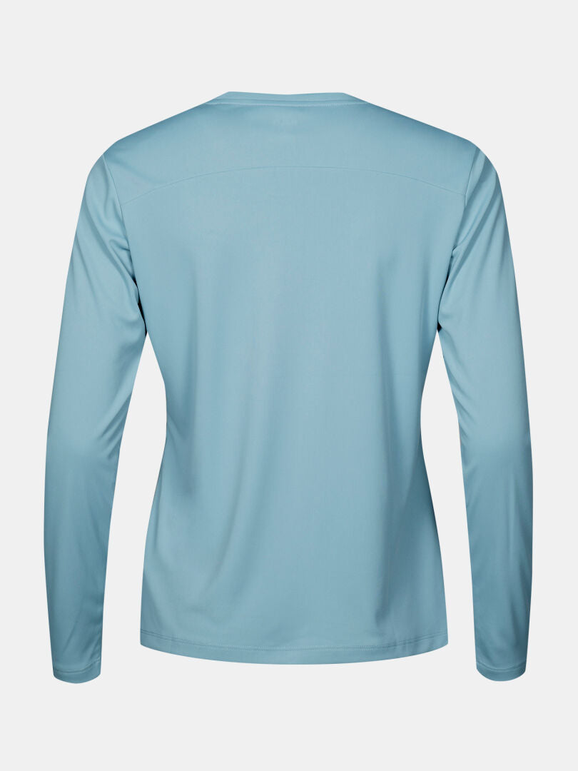 Halti Salves Treenipaita Naisten on vaaleansininen, pitkähihainen toppi, joka on kuvattu takaa valkoista taustaa vasten.