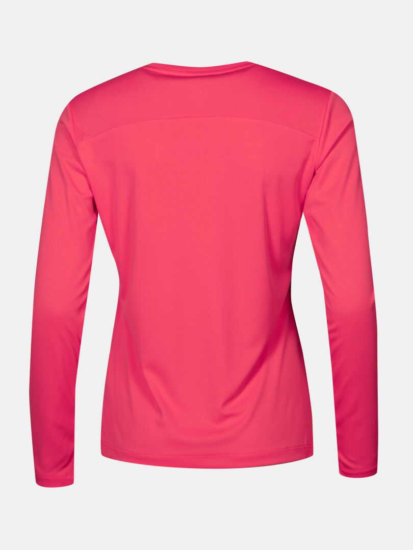 Halti Salves Treenipaita Naisten on pitkähihainen kirkkaan vaaleanpunainen toppi, joka on kuvattu takaa valkoisella pohjalla.