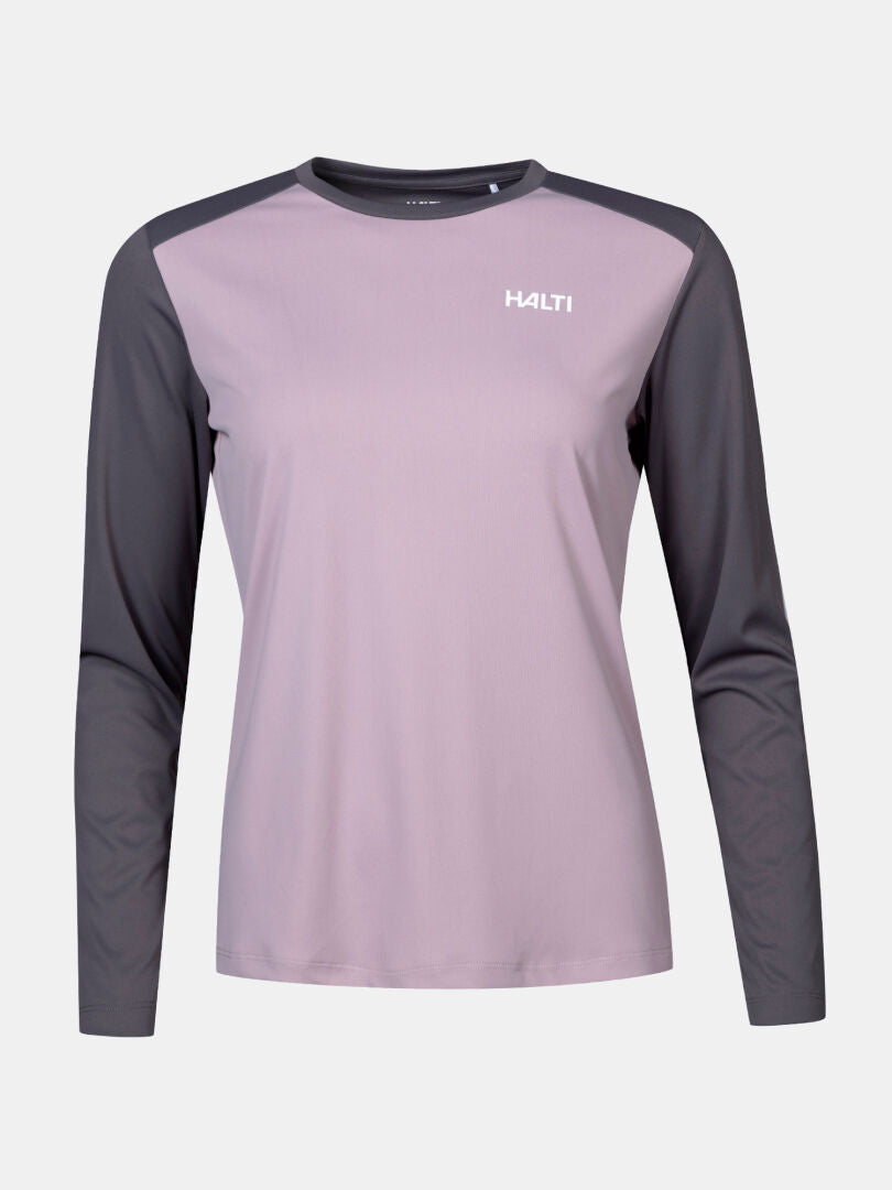 Halti Salves Treenipaita Naisten: vaaleanvioletti etuosa, tummanharmaat hihat-ideaalinen aktiivinen liikunta.