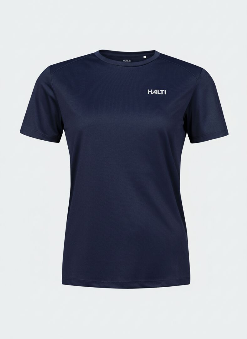 Halti: Salves T-paita naisille: yksivärinen tummansininen, valkoinen logo, kevyt ja hengittävä kierrätetty polyesteri.