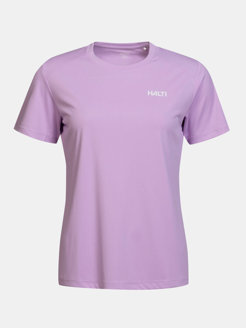 Vaalean violetti naisten Halti Tekninen T-paita, jossa on pyöreä kaulus ja lyhyet hihat.