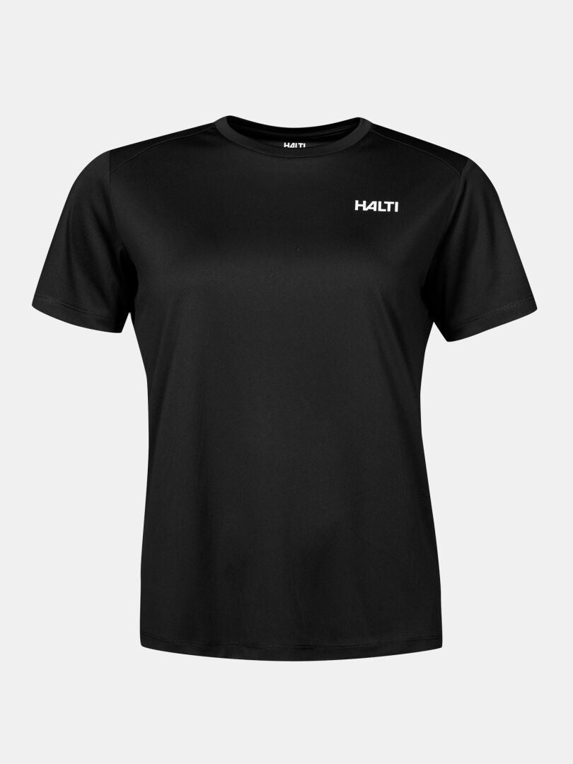 Black Halti Tekninen T-paita Naisten tekninen T-paita, jossa on lyhyet hihat ja valkoinen logo rinnassa.