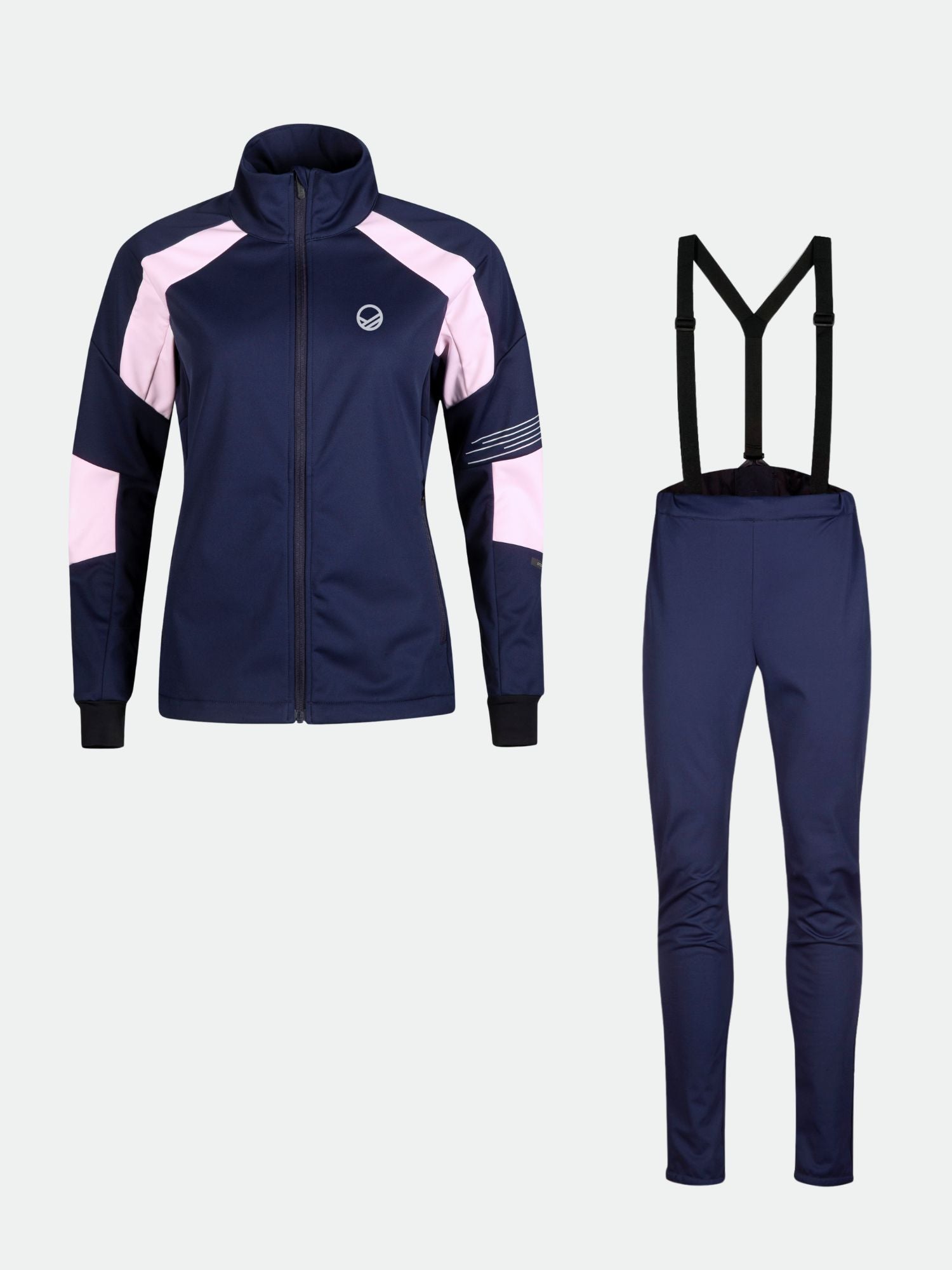 Halti Hyyde Hiihtopuku Naisten Plus on Stormwall-materiaalista valmistettu navy ja pinkki verkkareiden setti talviurheiluun.