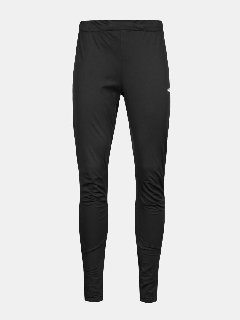 Halti Framover Hiihtotrikoot Naisten: mustat slim-fit leggingsit pienellä valkoisella reisilogolla, sopii hyvin ulkoliikuntaan.