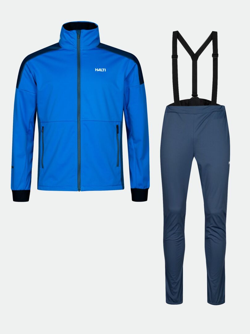 Halti Huuru Maastohiihtopuku Miesten: sininen softshell-puku mustilla korostuksilla, ihanteellinen talvinen treeni.