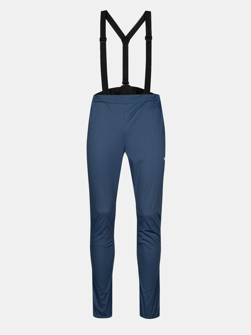 Halti Huuru Maastohiihtopuku Miesten siniset housut mustilla henkseleillä, etukuva valkoisella.