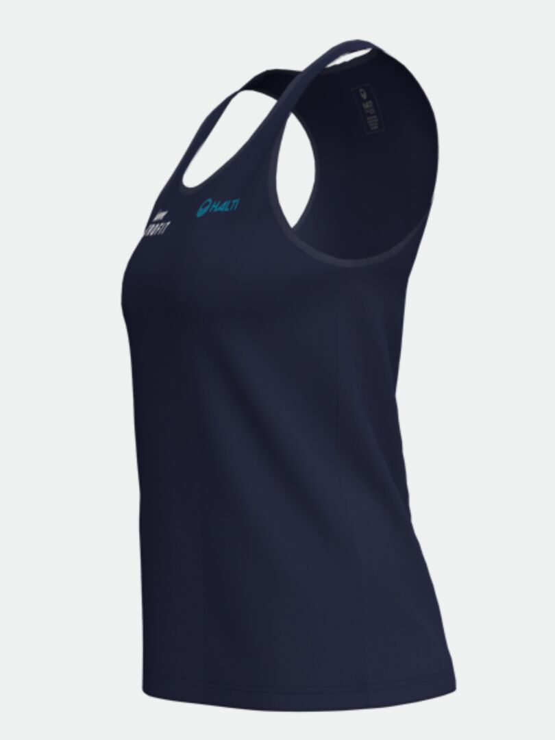 Halti Salves Toppi Naisten - Electrofit laivastonsininen, kierrätetystä polyesteristä valmistettu, kuvassa kyljellään valkoisella.