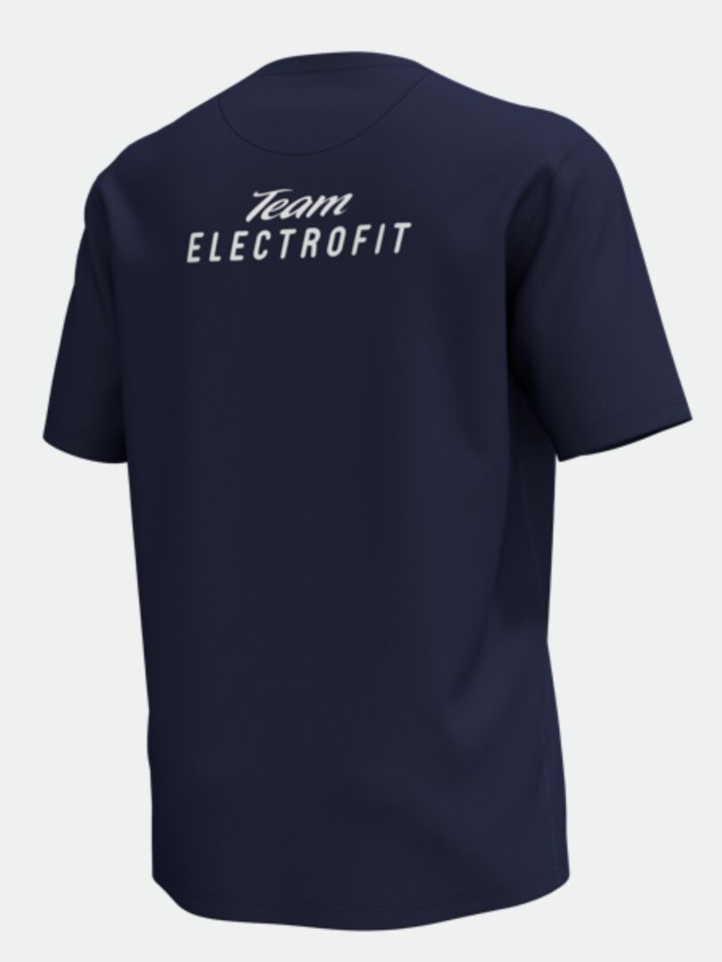 Halti Salvesin tummansininen T-Paita Miesten, selkäpuolelta, selän yläosassa on valkoinen Team ELECTROFIT -merkki.