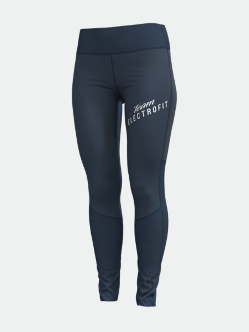 Halti Suunta Hybriditrikoot Naisten - Electrofit navy leggingsit, joissa Team ELECTROFIT reidessä, kuvassa valkoisella pohjalla.