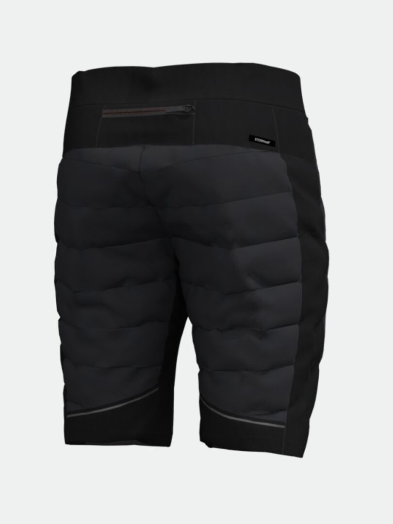 Halti Hanki Toppashortsit Miesten - Electrofit: mustat shortsit tikatulla selkäpuolella, vetoketjullisella takataskulla ja heijastavilla yksityiskohdilla.