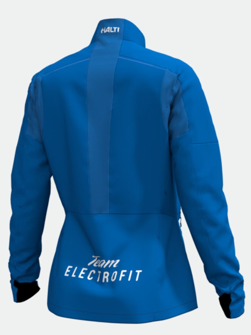 Sininen Halti Framover Hybrid Hiihtotakki Naisten - Electrofit, jossa logot kauluksessa ja selässä, Stormwall softshell.