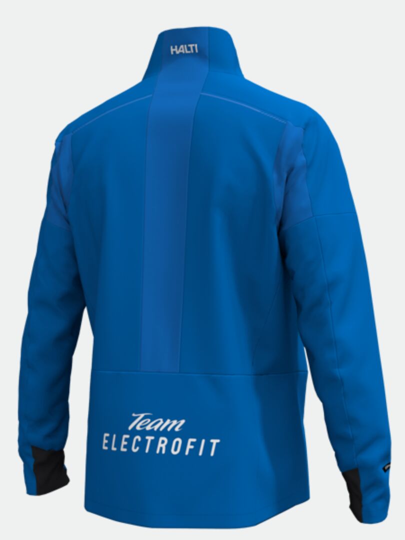 Framover Hybrid Hiihtotakki Miesten by Halti sinisenä, Team ELECTROFIT selässä, HALTI kauluksessa, takakuva.