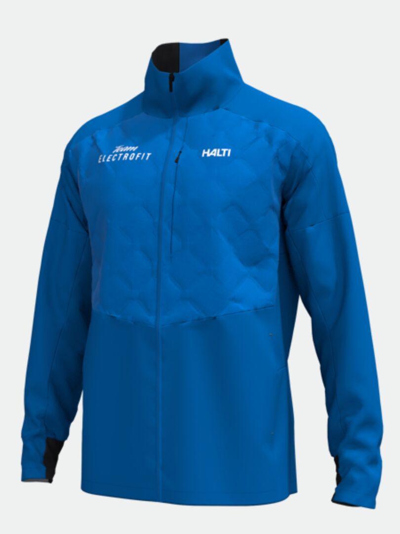Sininen Framover Hybrid Hiihtotakki Miesten by Halti, jossa on etuvetoketju, tikattu rinta ja Electrofit-logo.