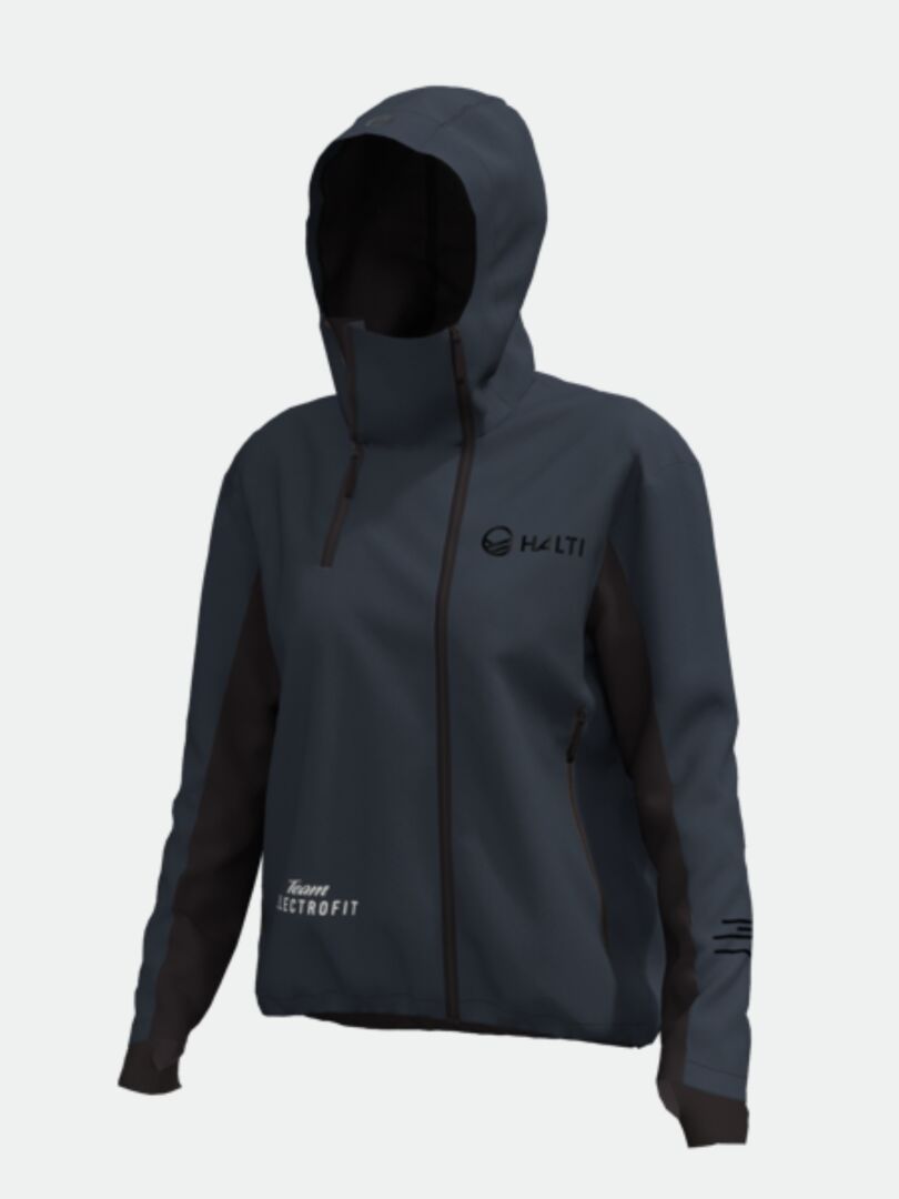 Tummanharmaa Halti Navakka Hiihtotakki Naisten takki mustilla sivuilla ja Electrofit-logolla.