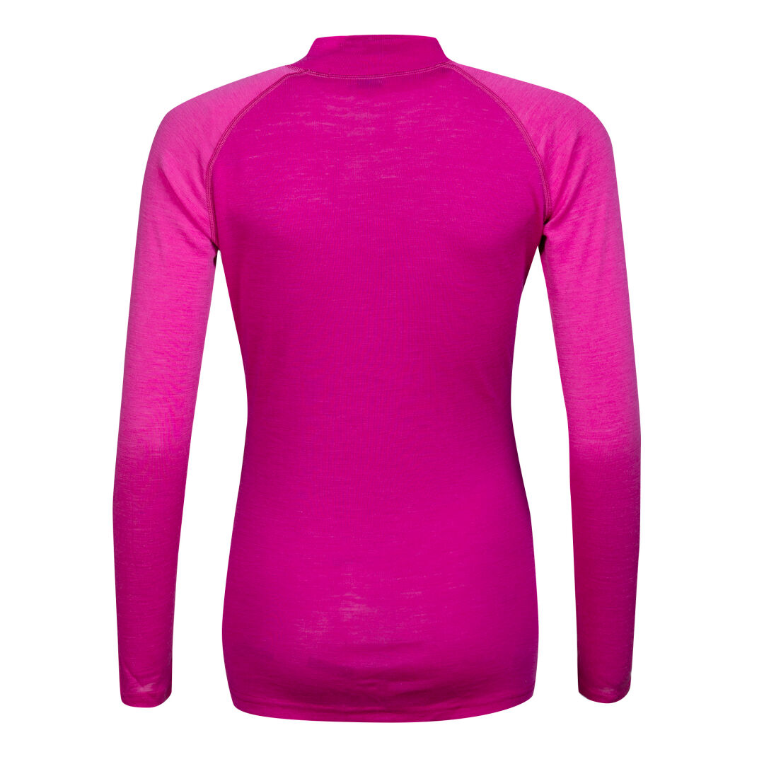 Halti Neva Merino Kerrasto Naisten selkäosa: kirkkaan vaaleanpunainen paita, jossa on kaula-aukko ja raglanhihat.