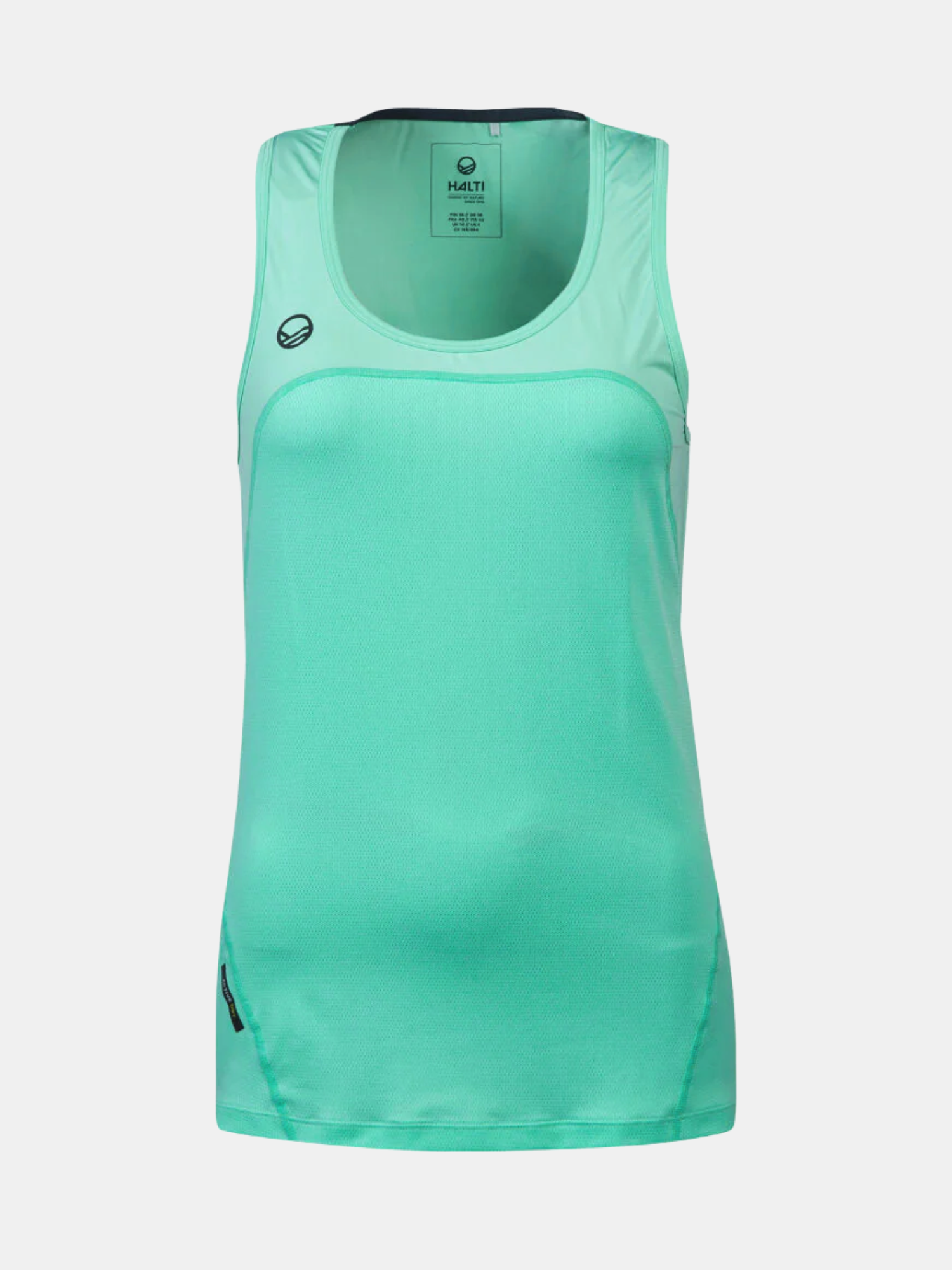 Halti Urbanite Naisten Toppi, kevyt tekninen materiaali, kevään vihreä ja pyöreä pääntie vaalealla taustalla.