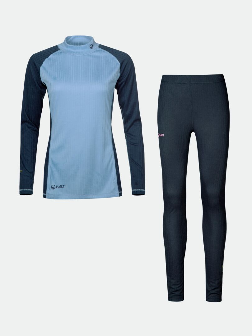Halti Dual Kerrasto Naisten: sininen/musta lämpöpaita- ja leggings-setti, kierrätettyä polyesteriä.