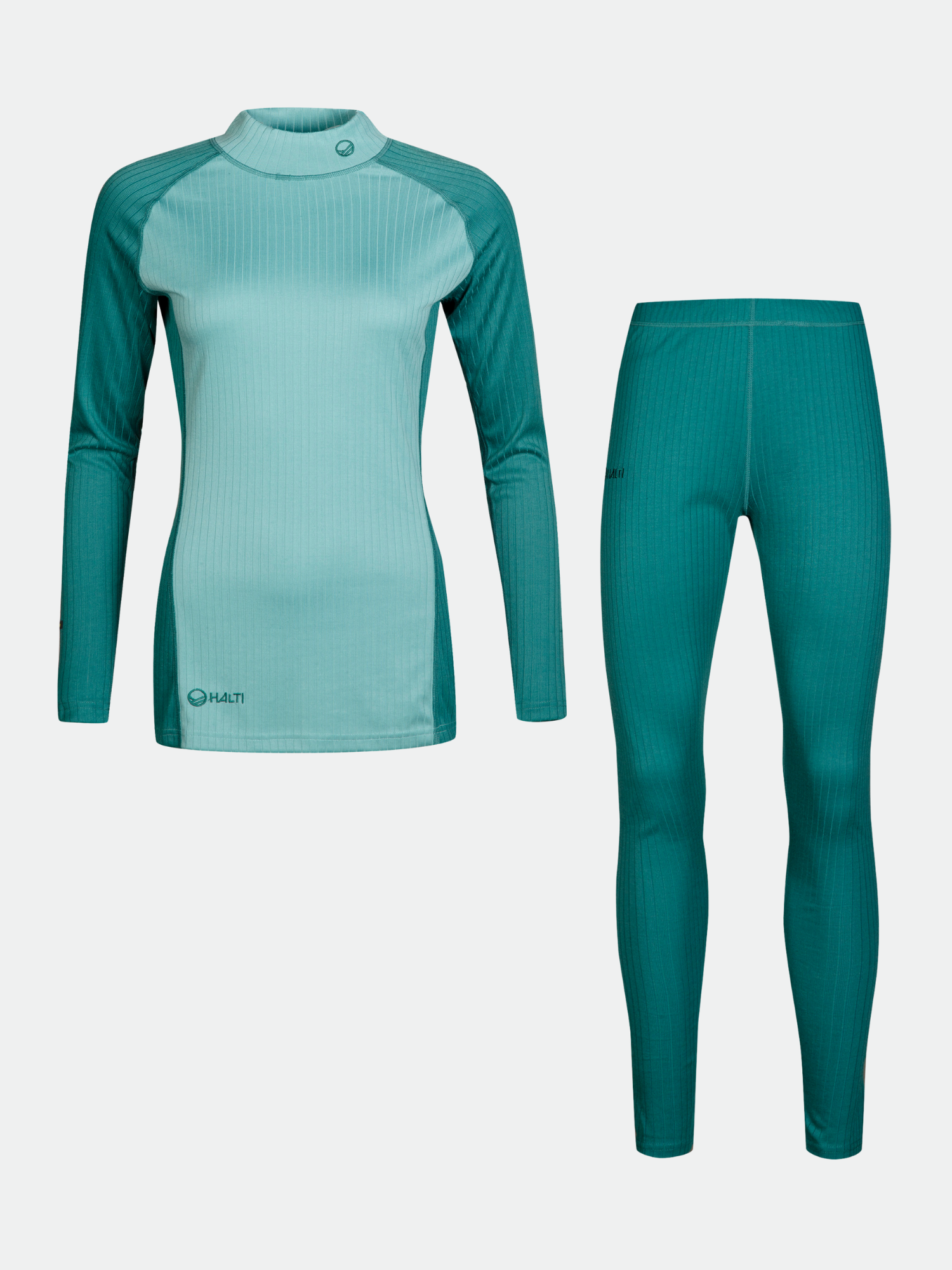 Halti Dual Kerrasto Naisten: teal & light blue thermal top and leggings set on plain background.