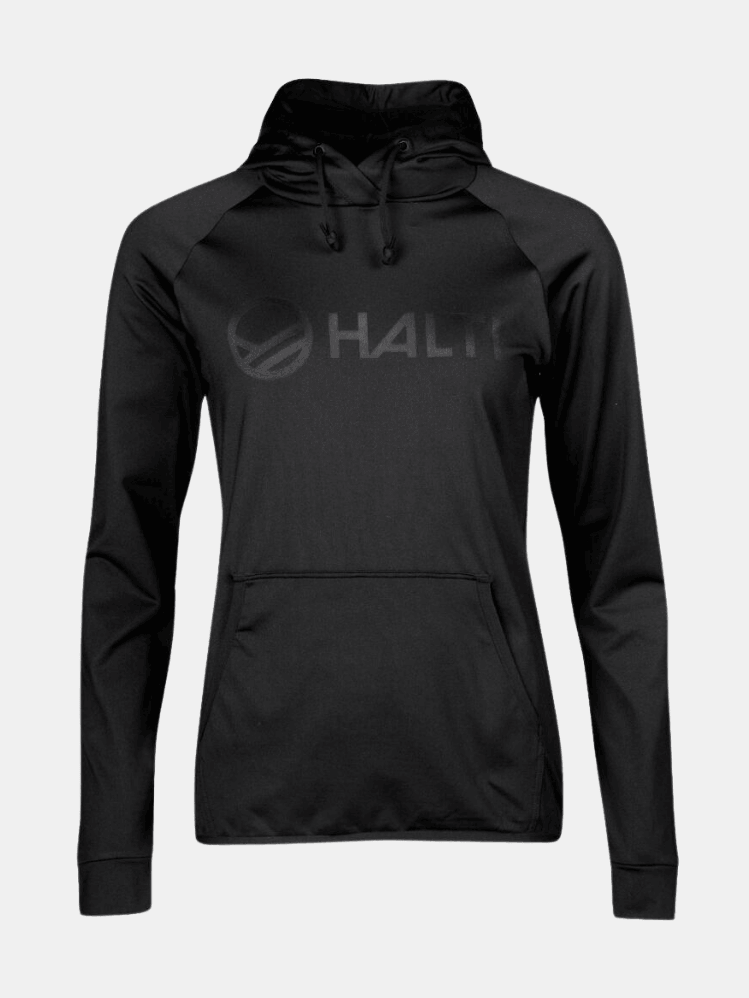 Halti Veidnes Naisten Huppari: musta pitkähihainen huppari, jossa on etutasku, logo ja kierrätettyä kangasta.