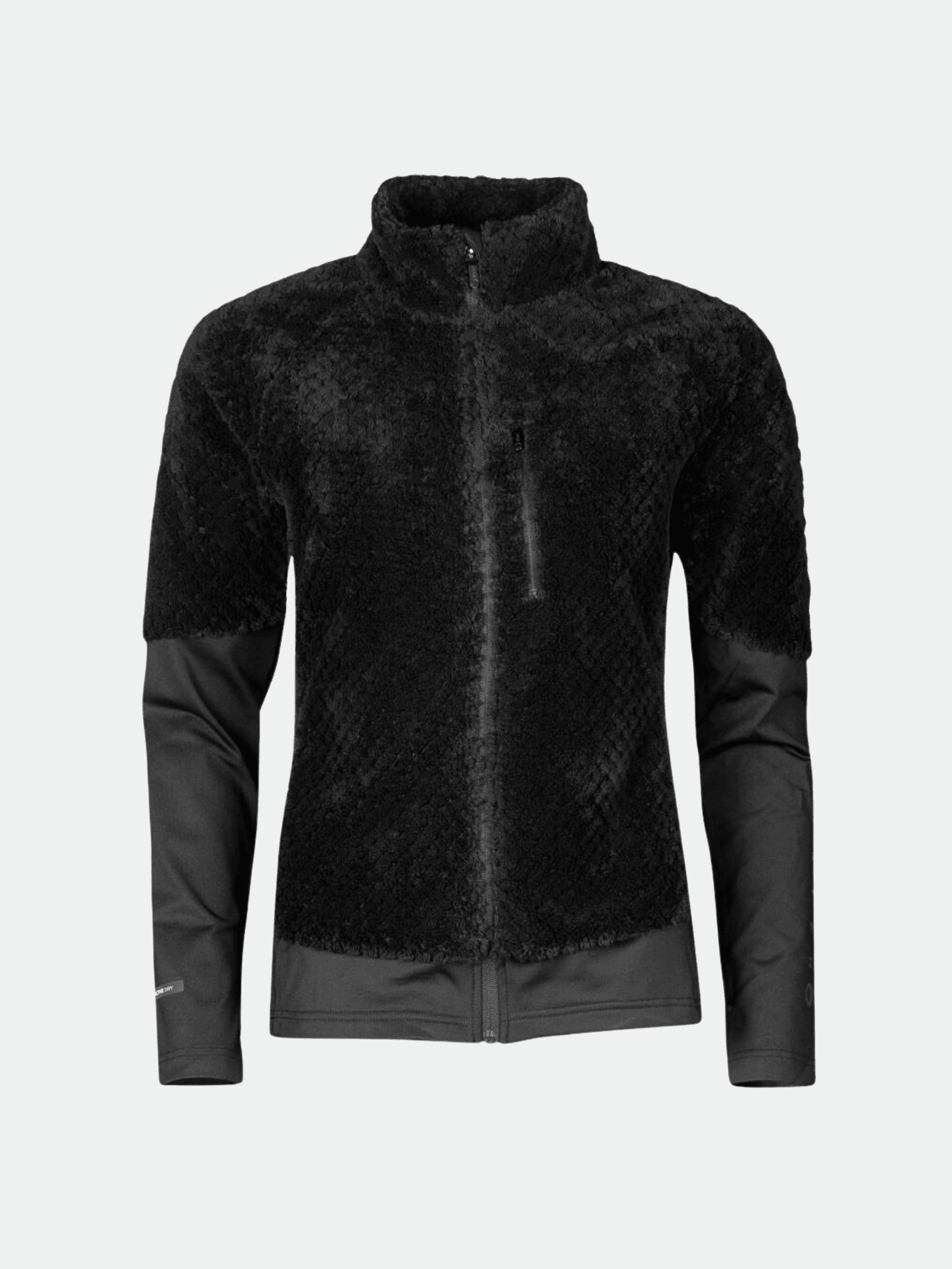 Halti Forceful Naisten Välitakki: Musta vetoketjullinen fleece, sileät hihat, korkea kaulus, vetoketjullinen rintatasku, Active Dry -materiaali.