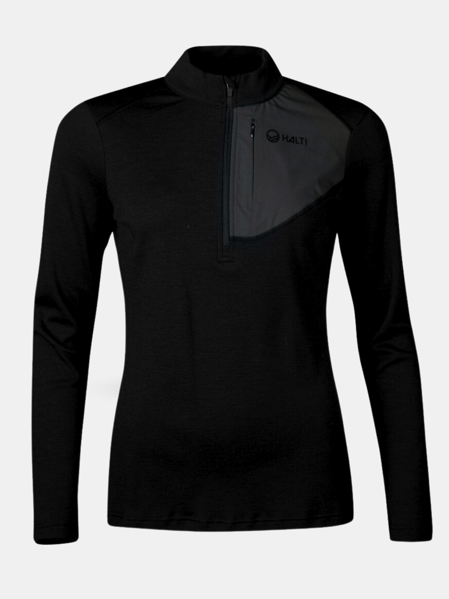 Halti Woolforce Naisten Merinovillapaita: musta merinovillapusero, puolivetoketju, rintatasku, mulesing-vapaata villaa.