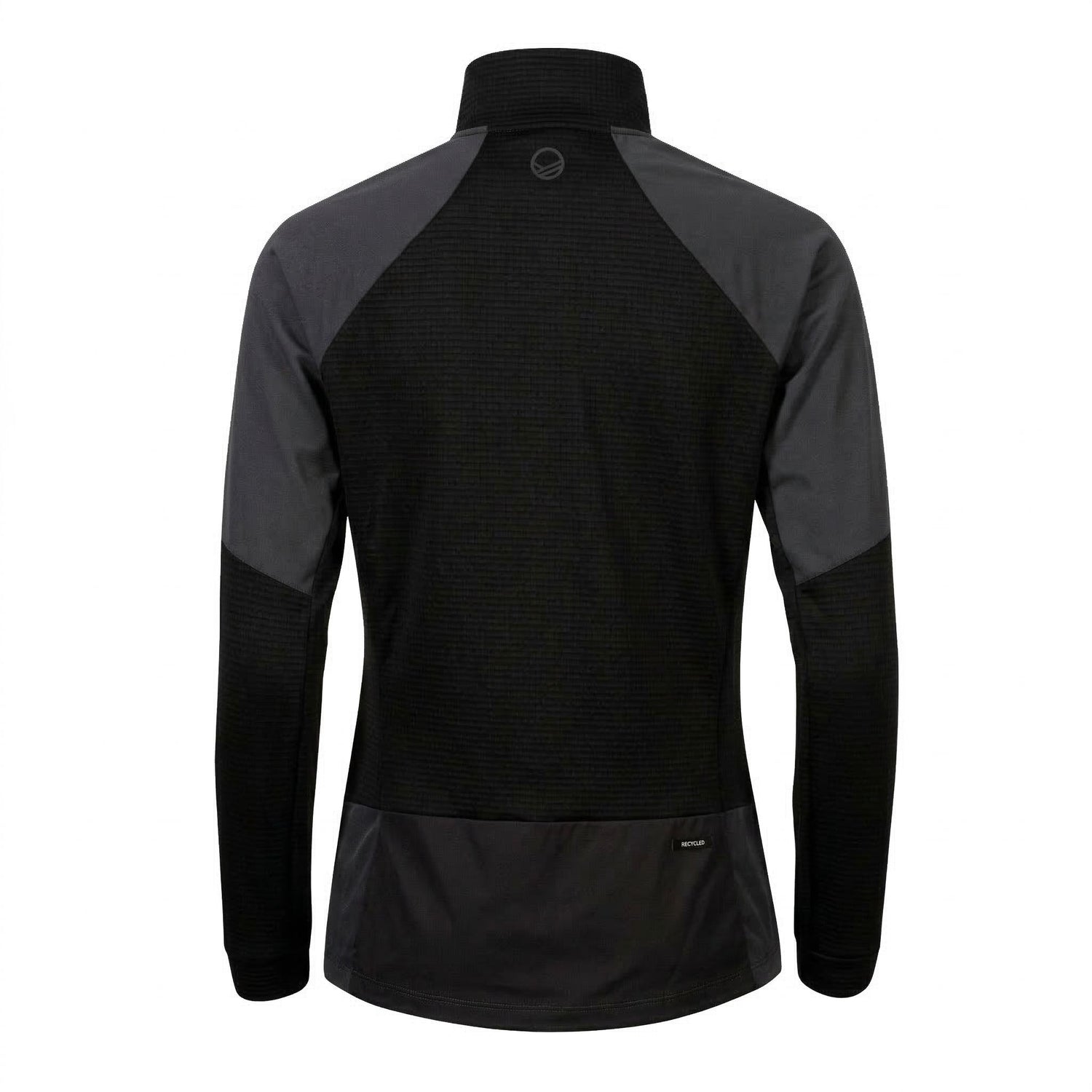 Halti Forerunner Naisten Paita on kuvattu takaa mustan/harmaan värisenä, ja siinä on korkea kaulus ja paneeliosat.