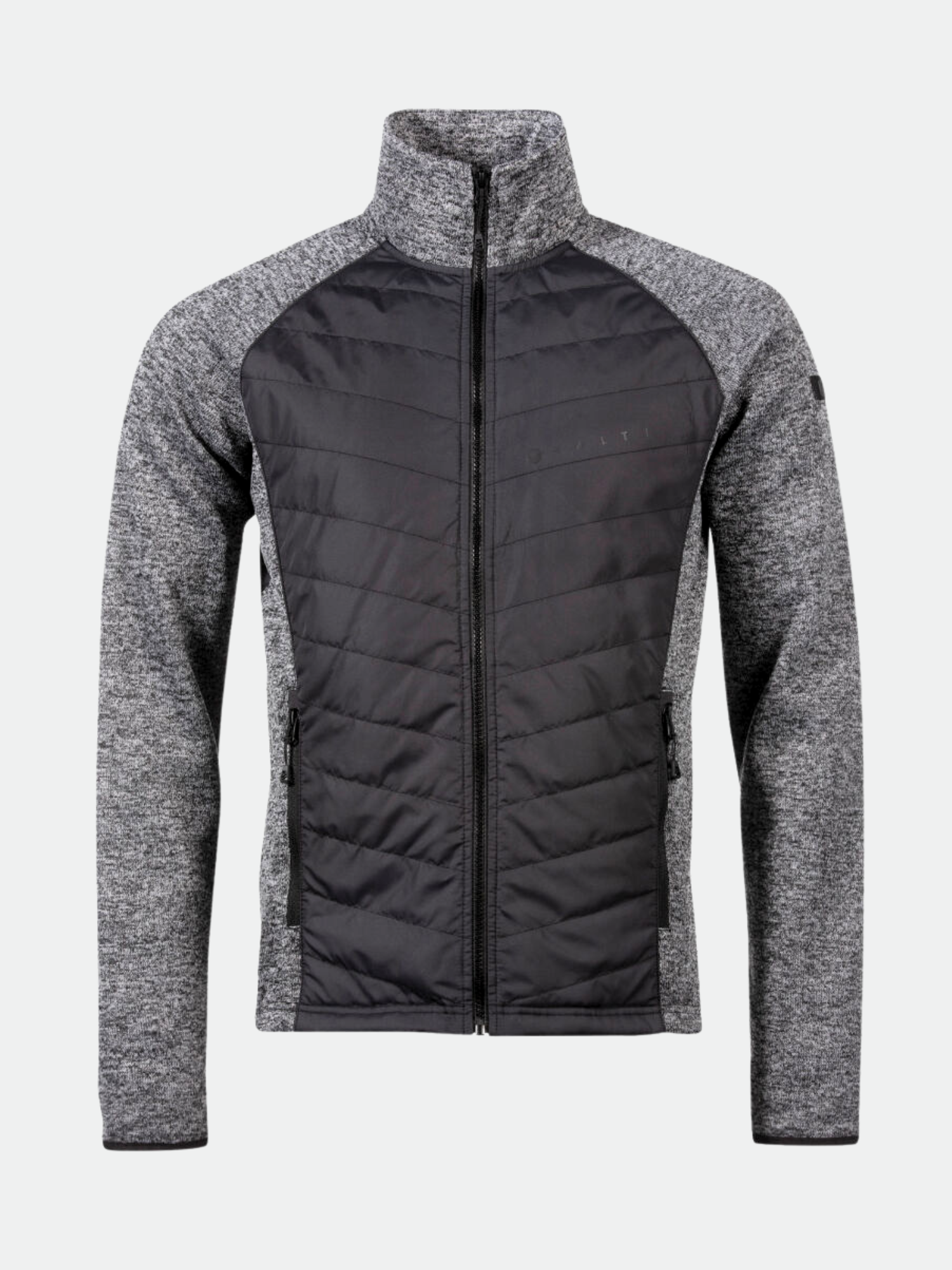 Halti Streams Hybrid Välitakki Miesten harmaa ja musta, tikattu etuosa, sivutaskut, kuvassa vaalealla pohjalla.