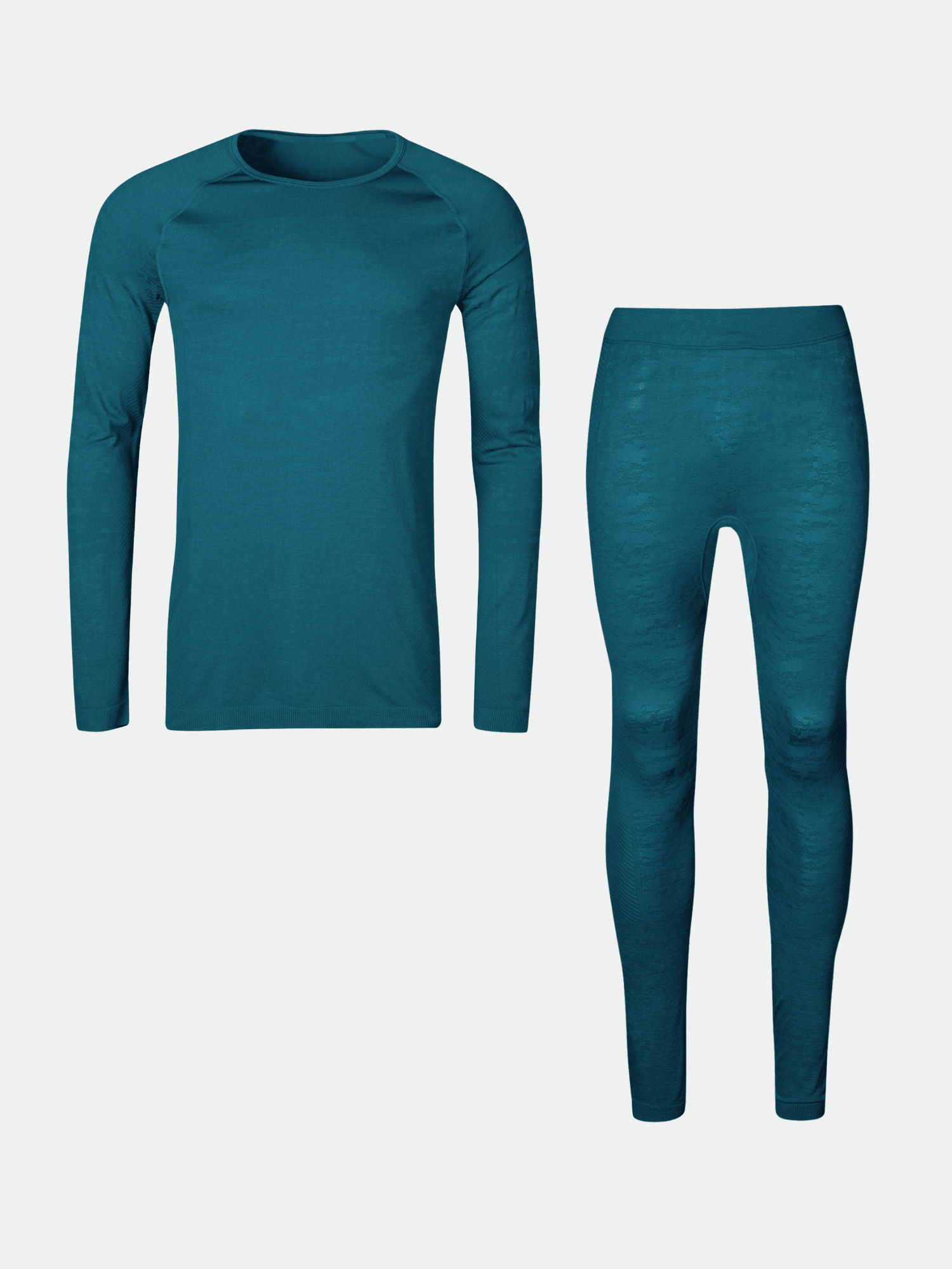 Teerenvärinen Halti Free Recy Seamless Kerrasto Miesten pitkähihainen paita ja leggingsit yksivärisellä valkoisella pohjalla.