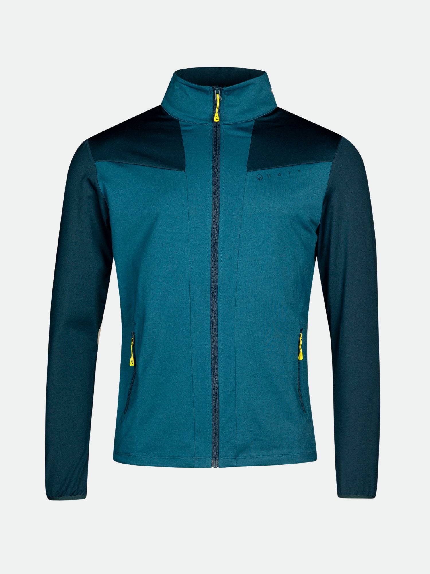 Halti Crosser Välitakki Miesten on tiilenpunainen ja tummansininen fleece zip-up, jossa on keltaiset vetoketjut yksivärisellä pohjalla.