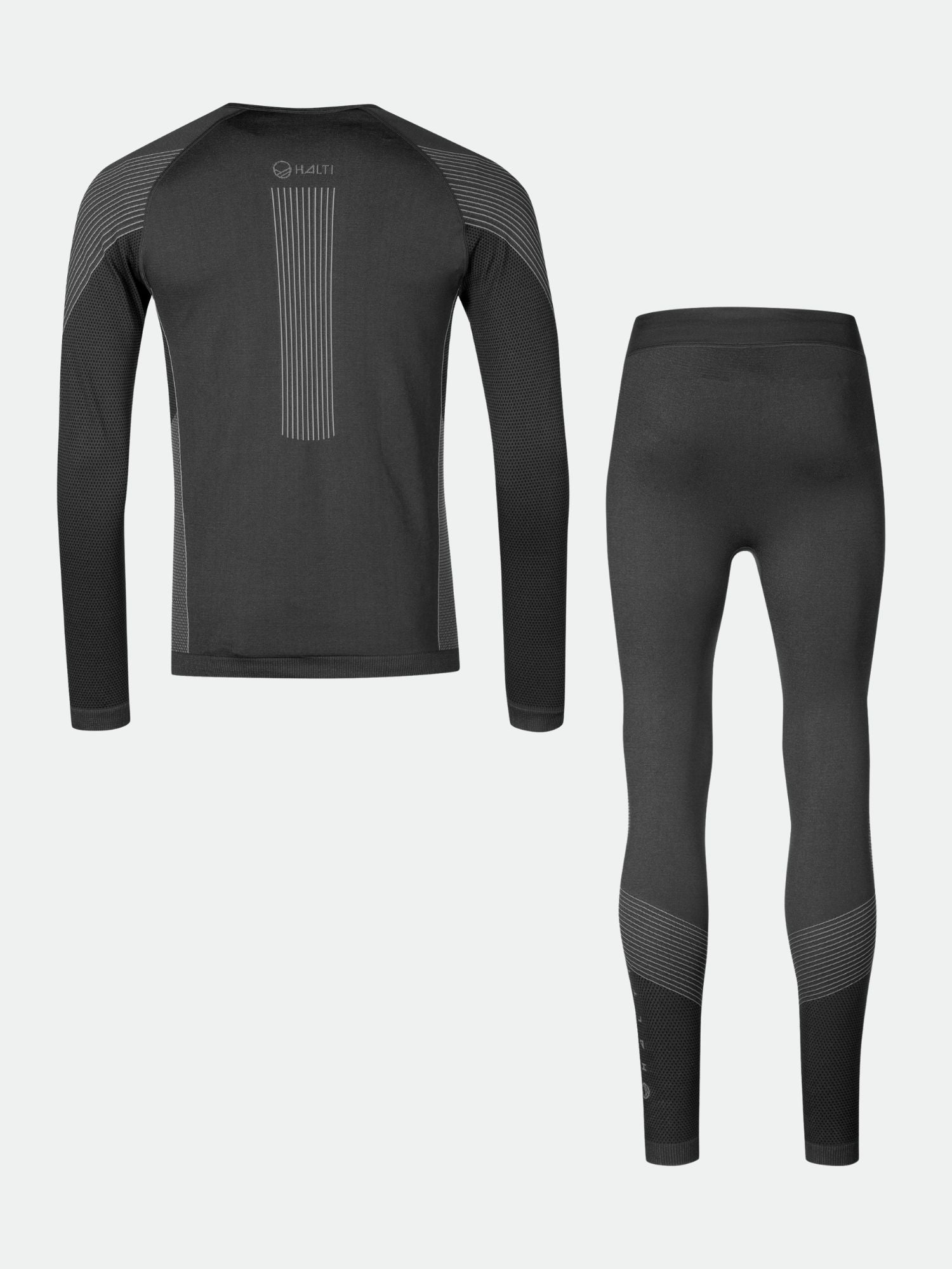 Halti Atom Seamless Kerrasto Miesten kuvassa on musta pitkähihainen paita ja leggingsit, kuvassa takaa.