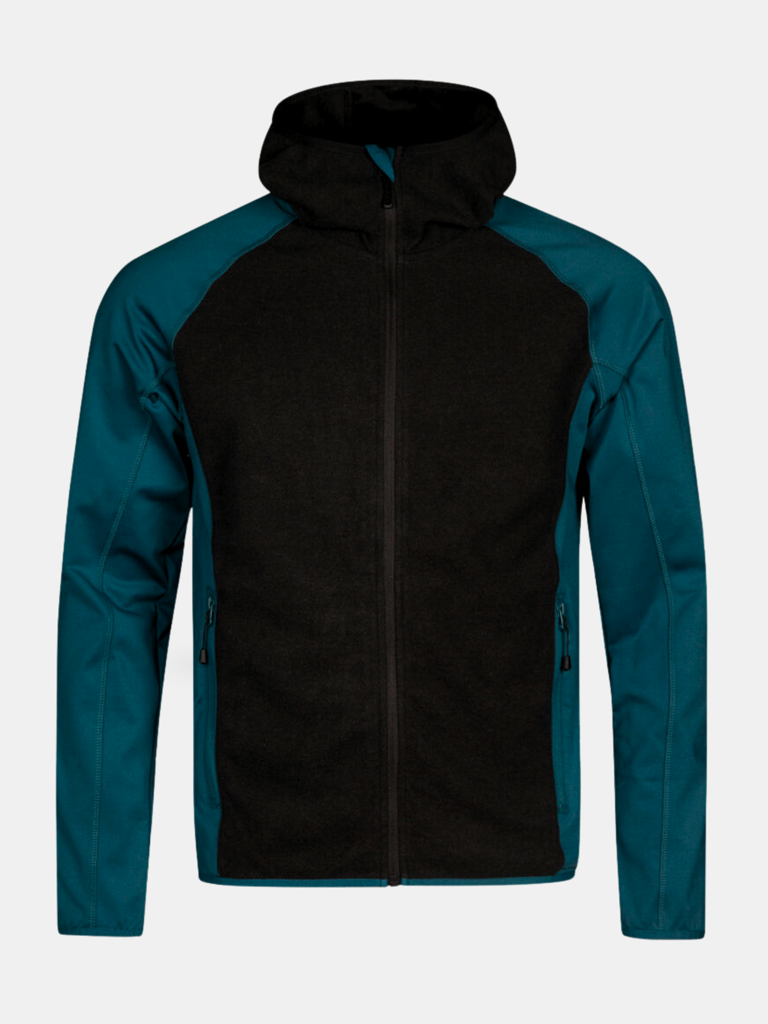 Halti Circuit II miesten huppari: Active Dry -materiaali, musta etuosa ja huppu, teal-hihat ja sivut.