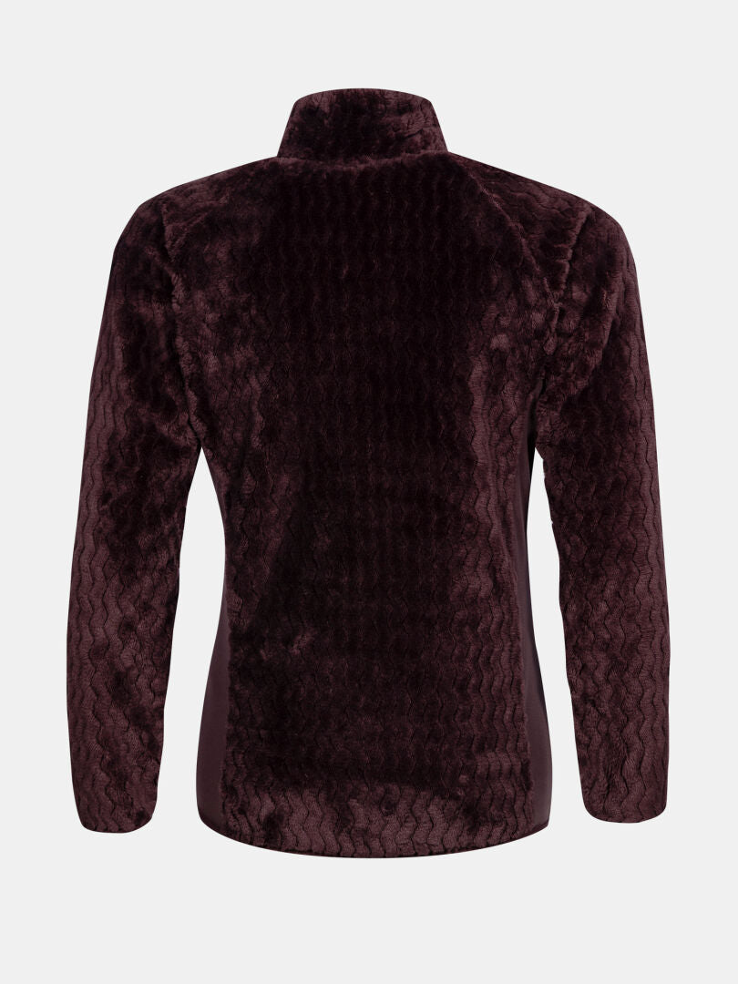 Halti Thermel Välitakki Naisten, tummanruskea pitkähihainen fleece korkealla kauluksella, kuvassa selästä valkoisella.