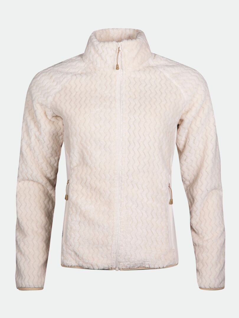 Halti Thermel Välitakki Naisten: beige fleece, tekninen materiaali, siksak kuvio, korkea kaulus, kaksi taskua.