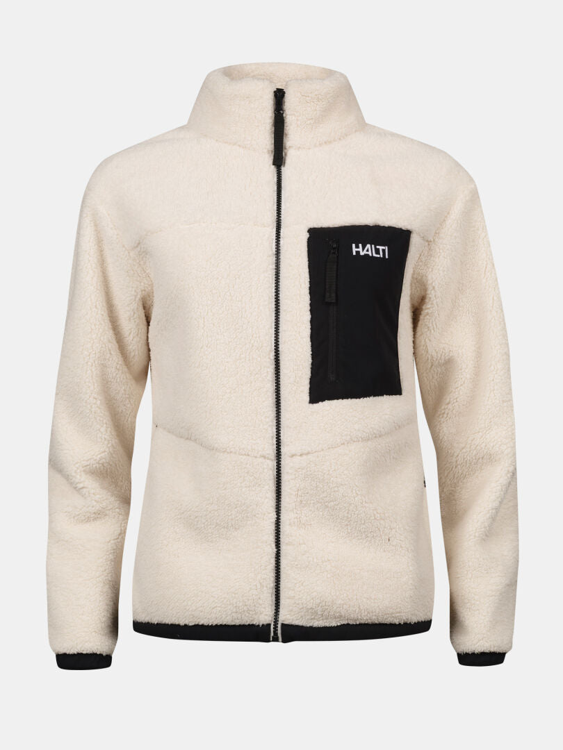 Lumista Polar Fleecetakki Naisten by Halti-kermanvärinen fleece, jossa on musta rintatasku, logo, vetoketju ja seisomakaulus.