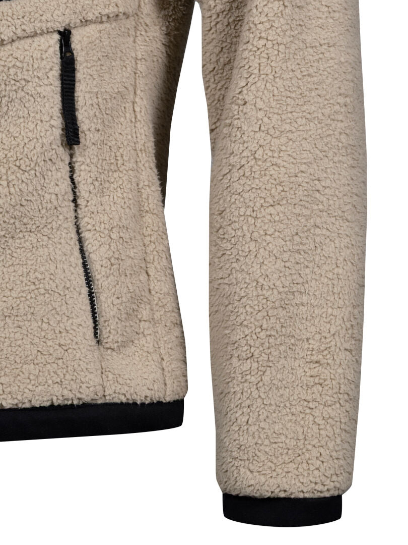 Lähikuva Halti Lumista Polar Miesten fleecetakista, jossa on musta vetoketjullinen tasku, hihat ja helma.