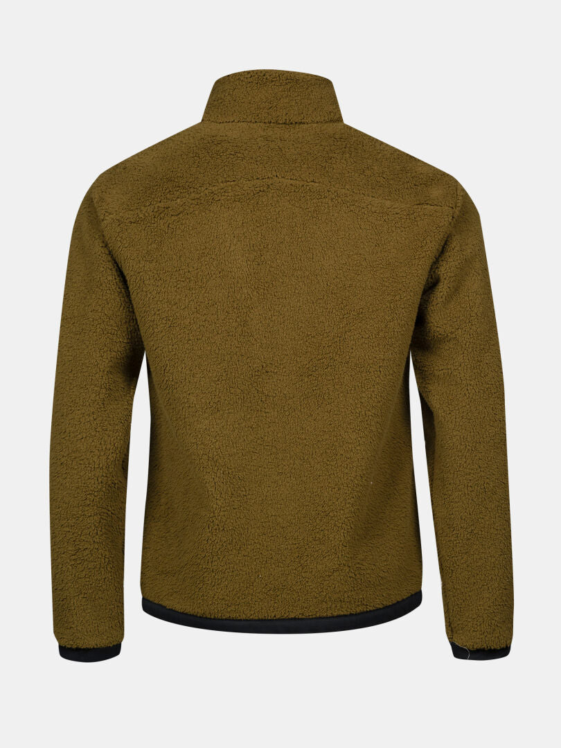 Halti Lumista Polar Fleecetakki Miesten oliivinvihreä, kuvassa selkäpuolelta, korkea kaulus ja musta reunus.