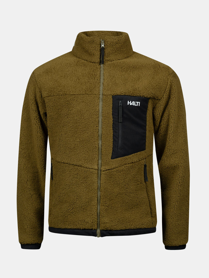 Halti Lumista Polar miesten fleecetakki, oliivinvihreä, musta rintatasku ja Halti-logo taskussa.