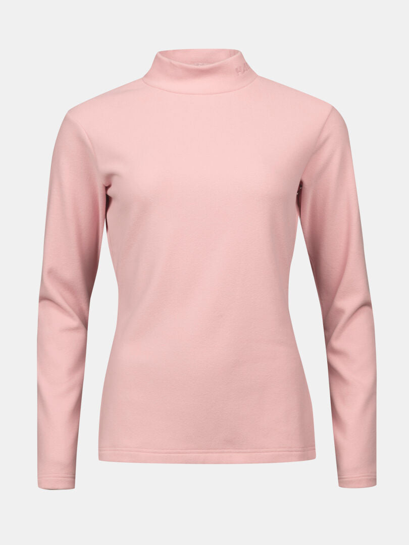 Halti Trone Fleece Paita Naisten, vaaleanpunainen turtleneck, pitkähihaiset, valkoisella taustalla.