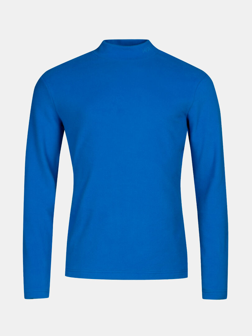 Halti Trone Fleece Paita Miesten on kirkkaan sininen miesten pitkähihainen mock neck -paita, joka on kuvattu valkoisella pohjalla.
