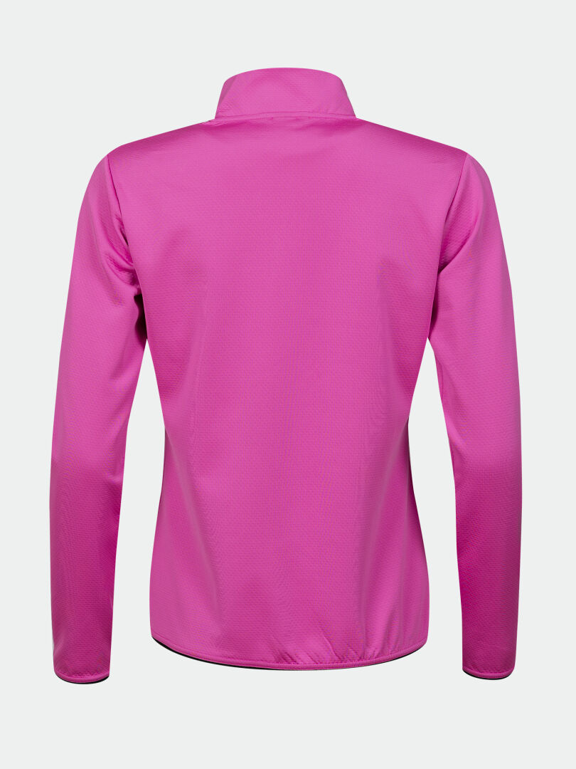 Kirkkaan pinkin Halti Toivo Välitakki Naisten -haalarin selkäkuva, jossa pystykaulus ja tekninen materiaali.