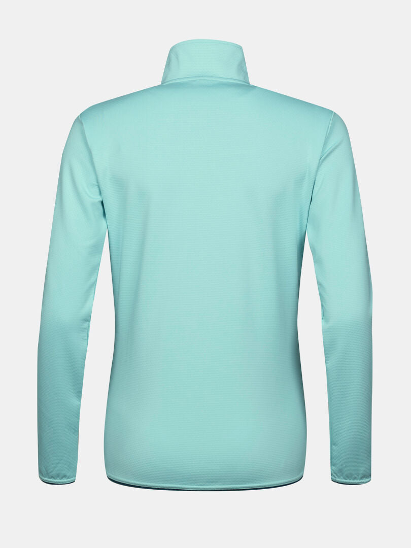 Halti Toivo Välitakki Naisten vedensininen, selästä päin kuvattu, korkealla kauluksella, valmistettu teknisestä materiaalista.