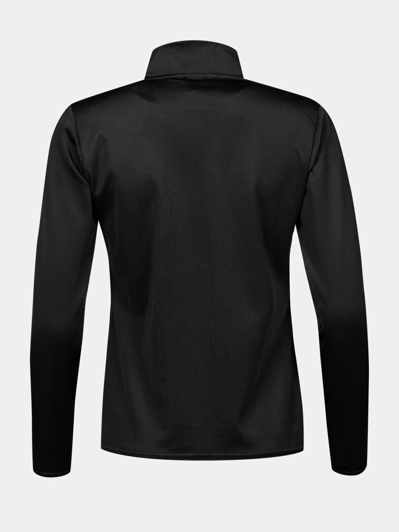 Halti Toivo Välitakki Naisten takaa kuvattuna: musta, pitkähihainen, korkea kaulus, tekninen materiaali, ei logoja.