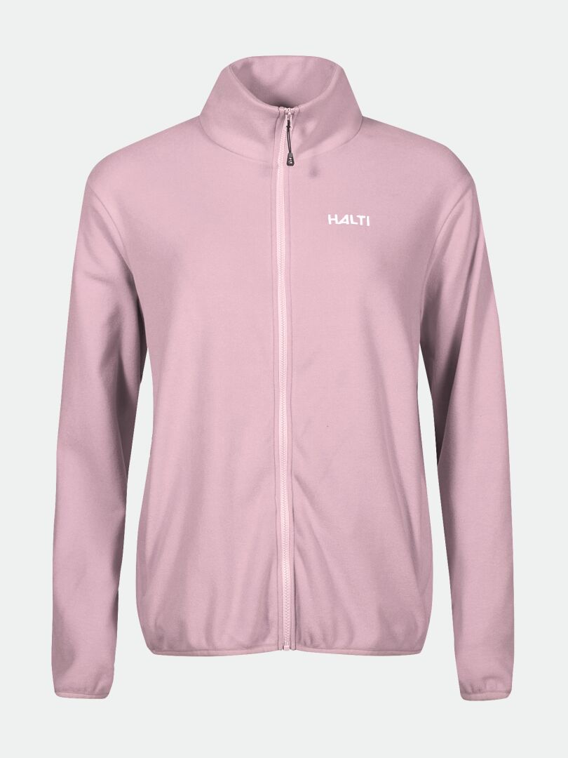 Halti Rockmoon Fleecetakki Naisten: vaaleanpunainen vetoketjullinen fleece korkealla kauluksella ja logolla, täydellinen ulkoilu.