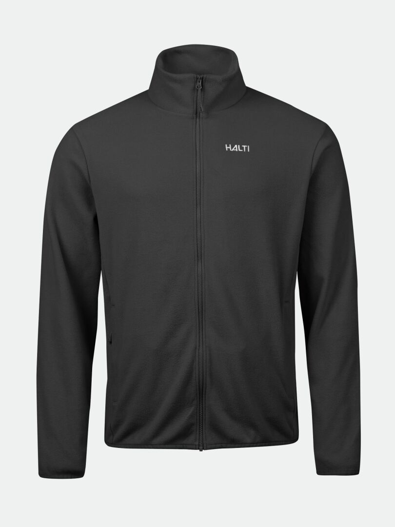 Halti Rockmoon Fleecetakki Miesten on musta midlayer-takki, jossa on pitkät hihat, pystykaulus ja logo rinnassa.