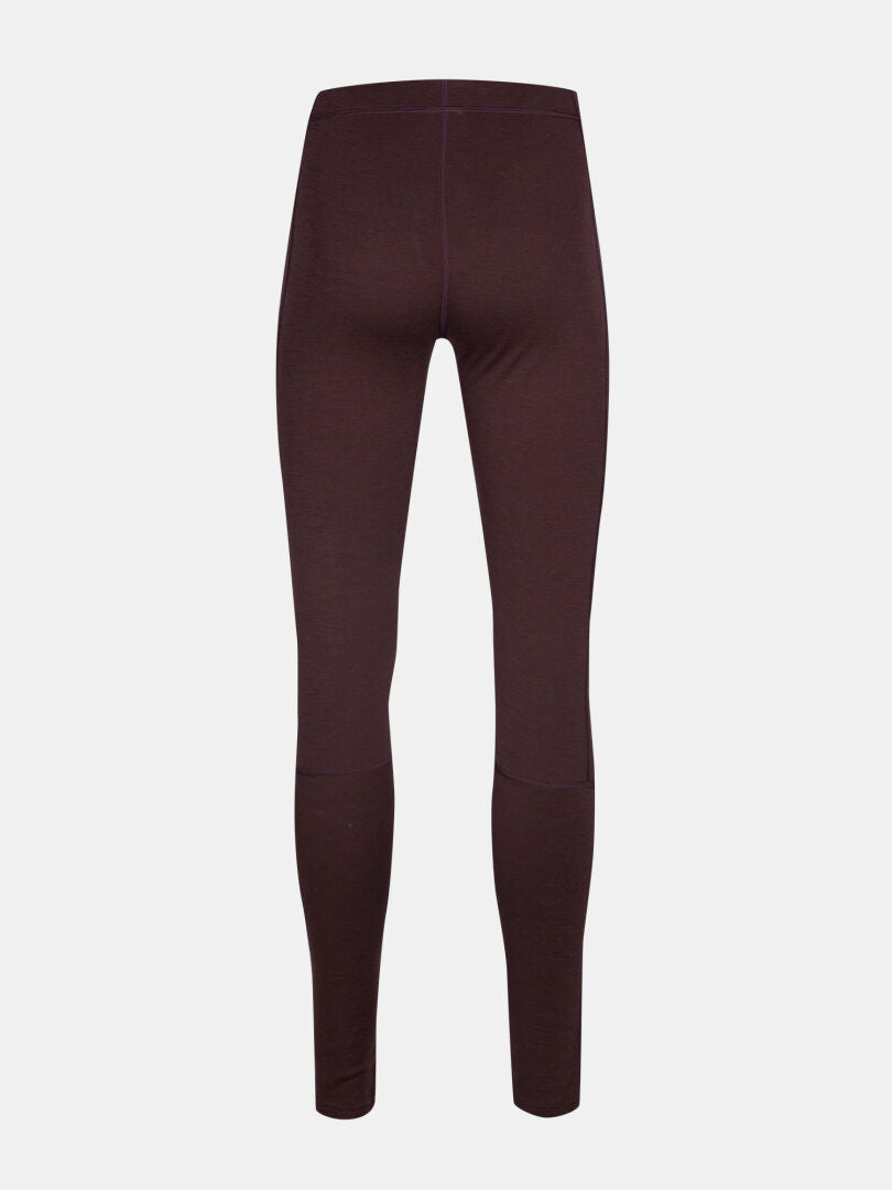 Takakuva Halti Hossa II Merino Kerrasto Naisten tummanvioleteista legginssistä, joissa on näkyvät saumat valkoisella pohjalla.