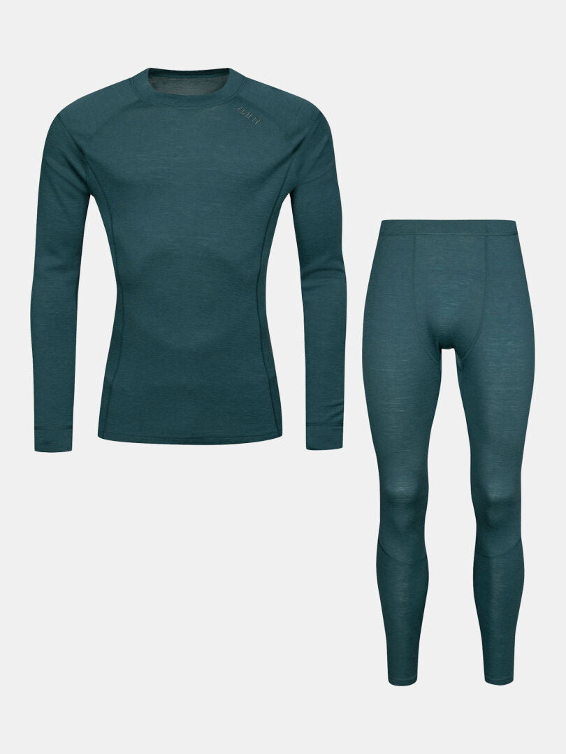 Halti Hossa II Merino Kerrasto -miesten setti teal-värisenä, johon kuuluu lämpöpaita ja leggingsit, valkoisella taustalla.