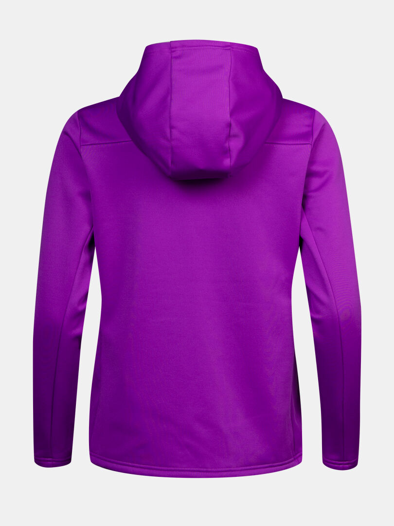 Kirkkaan violetin, hupullisen Halti Seiland Välitakki Naisten -fleece-takin takanäkymä.