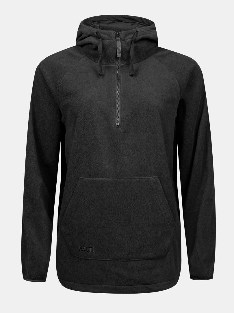 Halti Susanne Fleece Naisten: musta villapaita, jossa on säädettävä huppu, pehmeä fleece ja iso tasku vaalealla pohjalla.